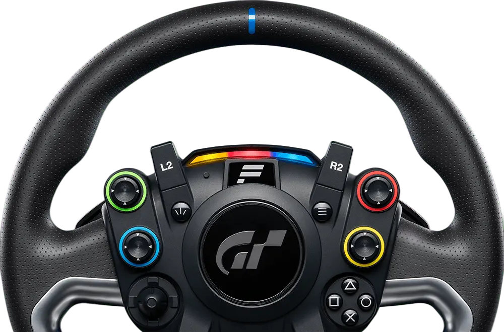 Close-up of the Gran Turismo DD Pro steering wheel with coloured inputs, OLED display and RevLED strip